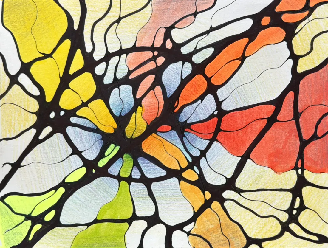 Neurographica drawing with flowing black lines and luminous fields of yellow, coral and blue