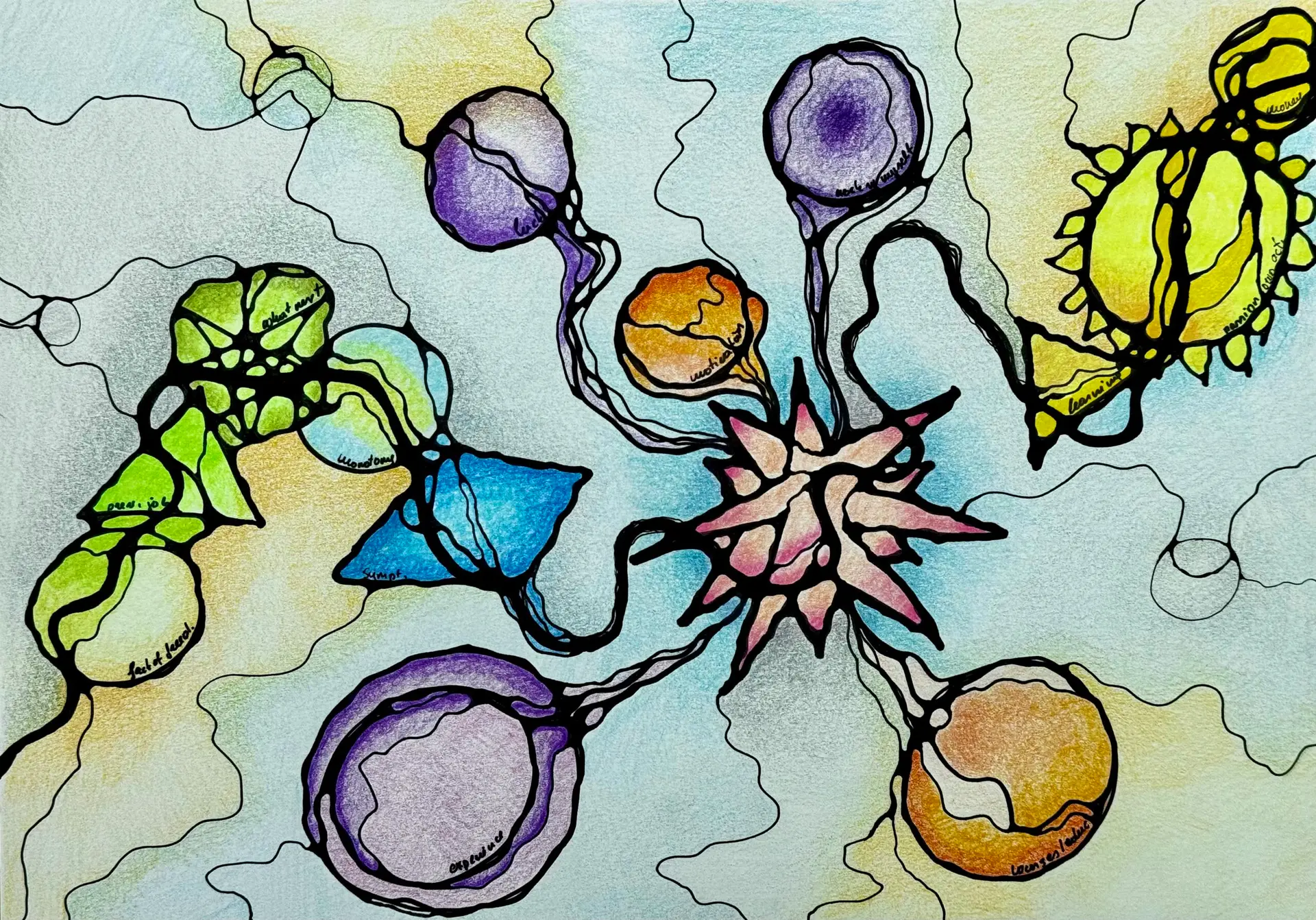 Colourful Neurographica drawing with connected rounded forms