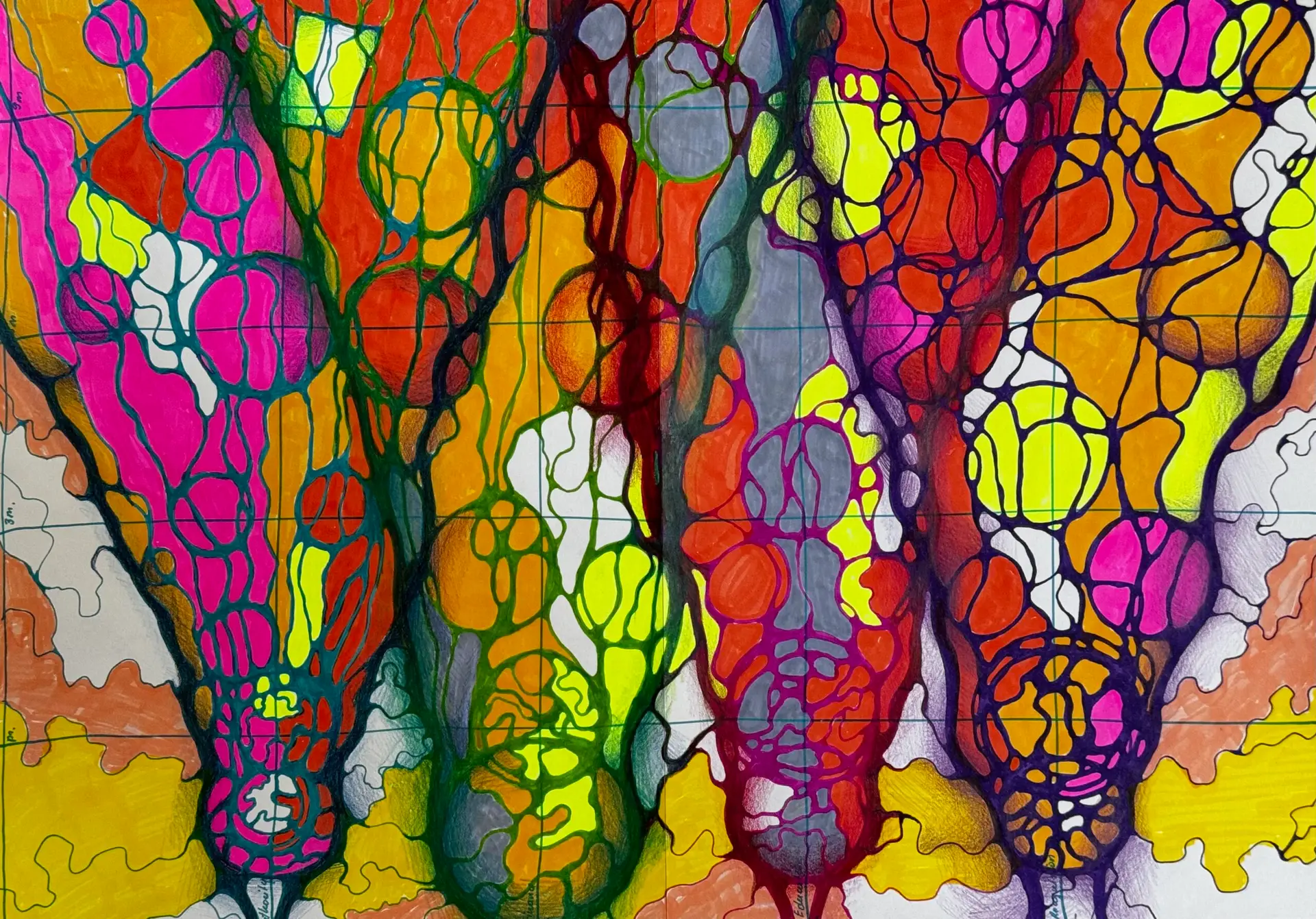Hands drawing flowing Neurographica lines in warm tones