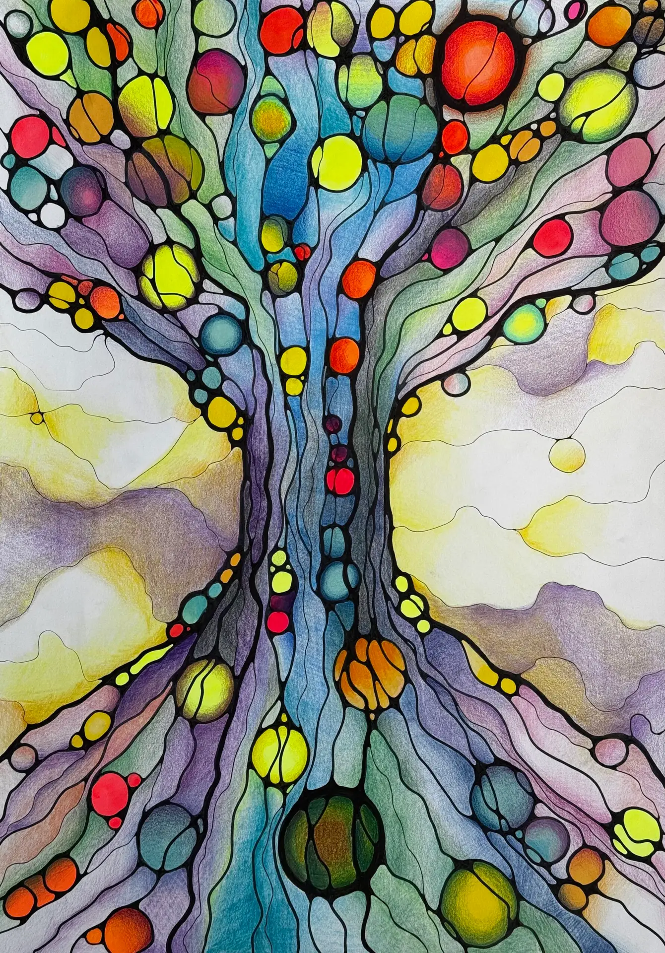 Neurographica tree drawing in vivid yellow, green and violet