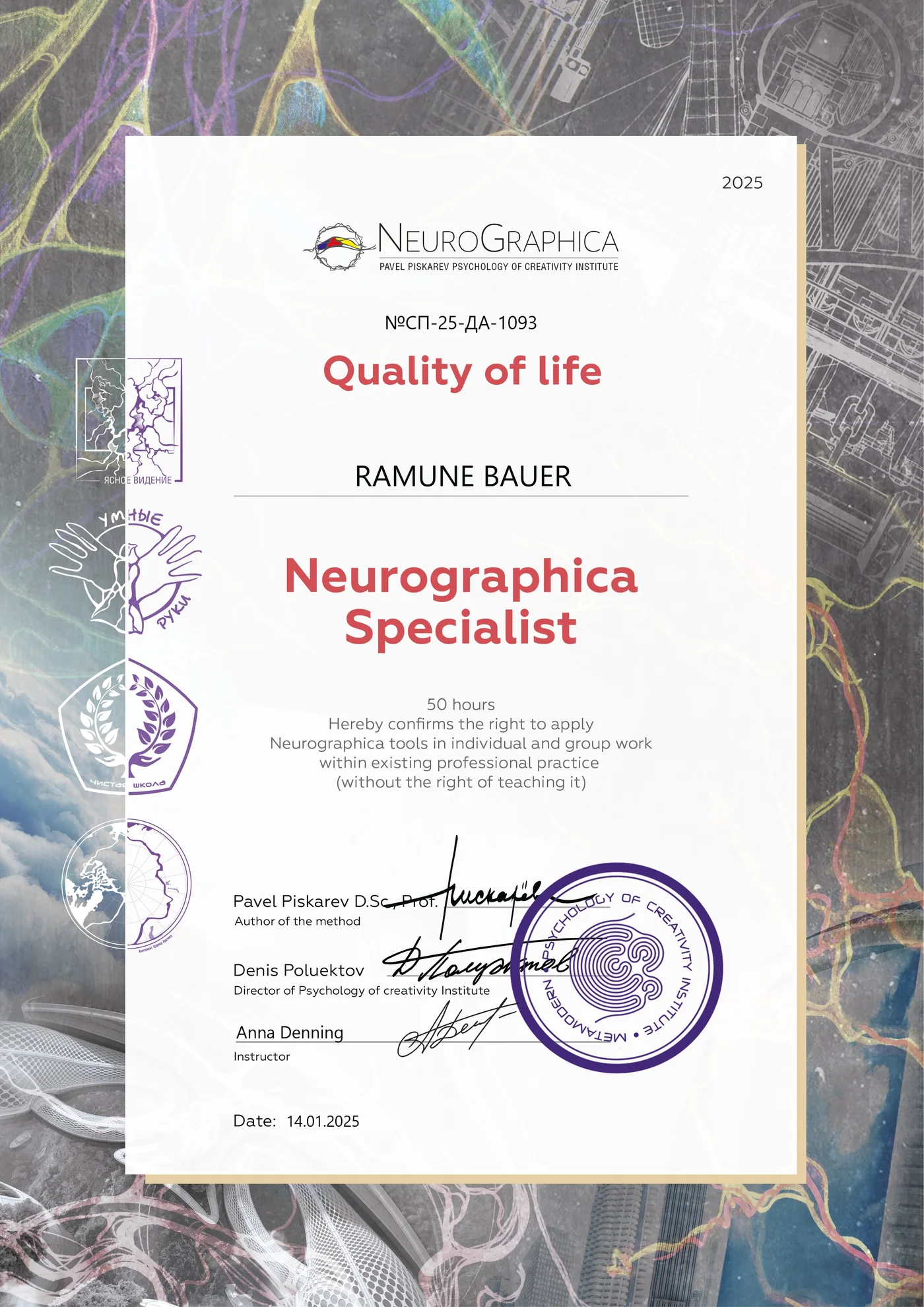 Neurographica Specialist certificate of Ramunė Bauer, 50 hours, issued on 14 January 2025 by the Pavel Piskarev Psychology of Creativity Institute