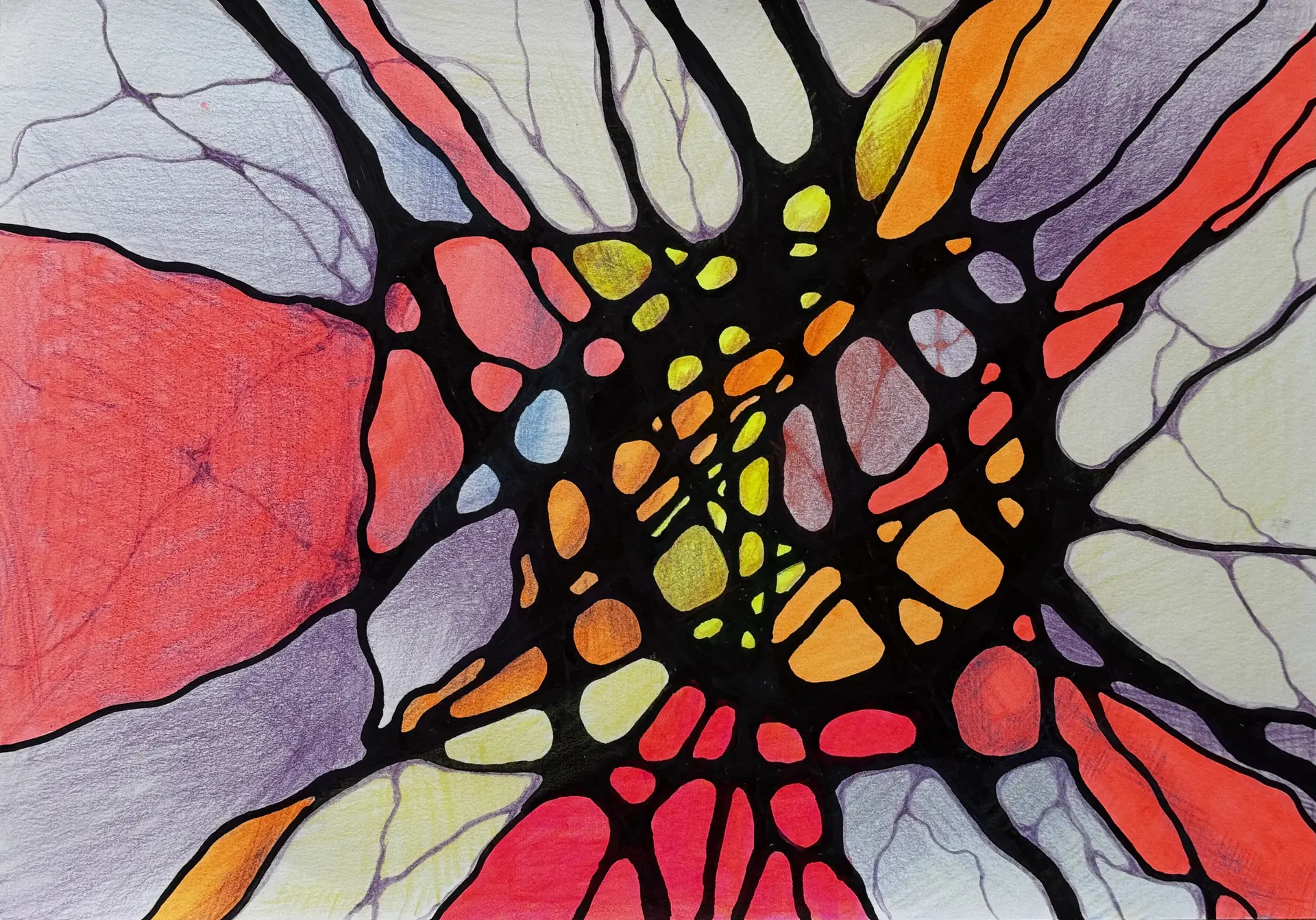 Neurographica drawing radiating from a dark centre in red, orange and yellow