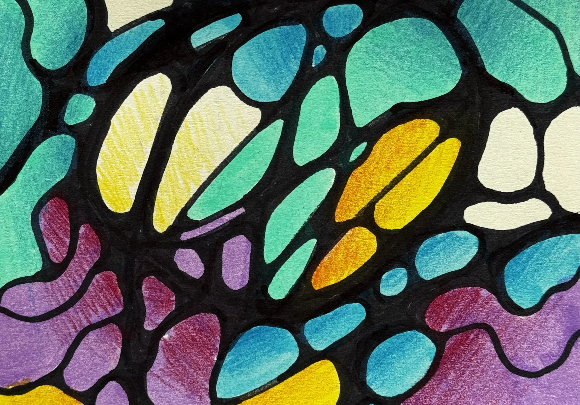 Neurographica cell drawing in turquoise, violet, yellow and deep red