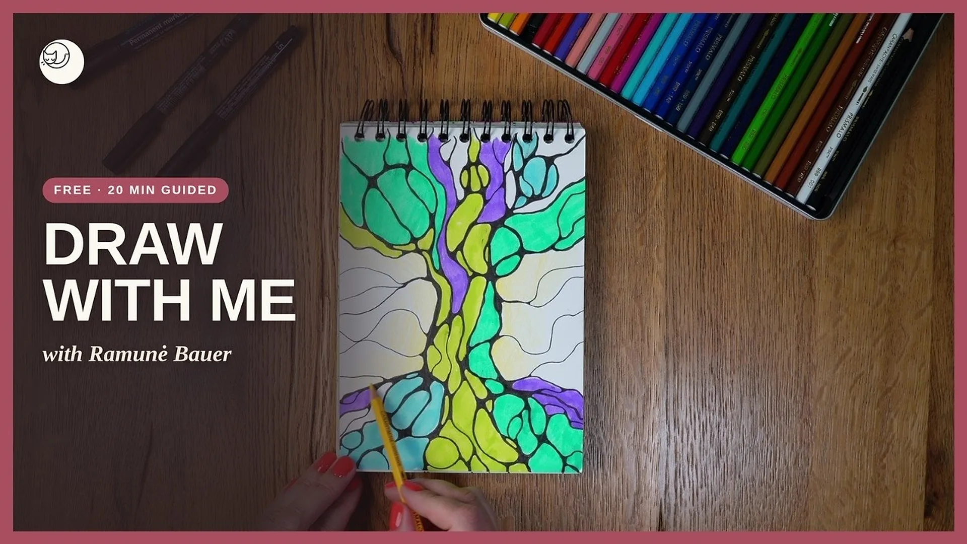 Video cover: free 20 minute guided draw-along with Ramunė Bauer, a hand drawing a Neurographica tree in a sketch pad
