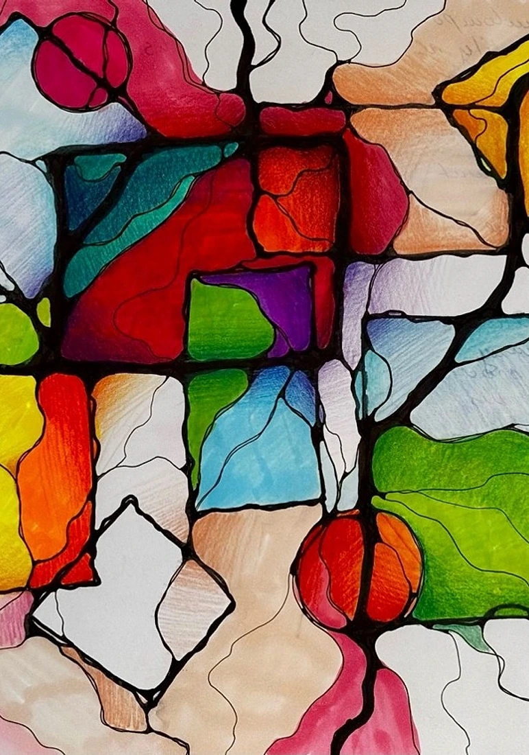 Neurographica drawing in stained-glass style with red, green and blue fields