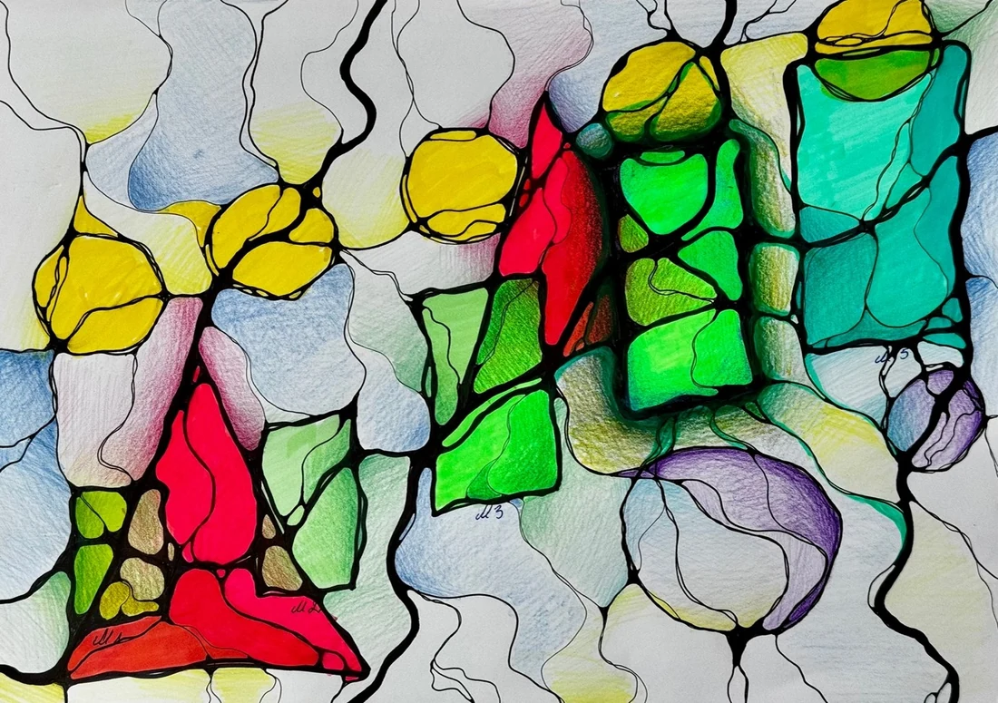 Neurographica drawing with rounded cells in yellow, red, green and turquoise