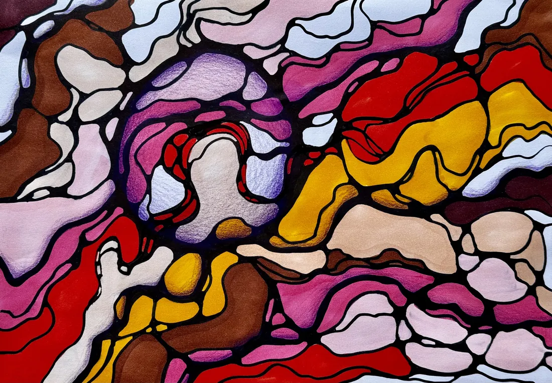 Stained-glass Neurographica drawing in red and orange