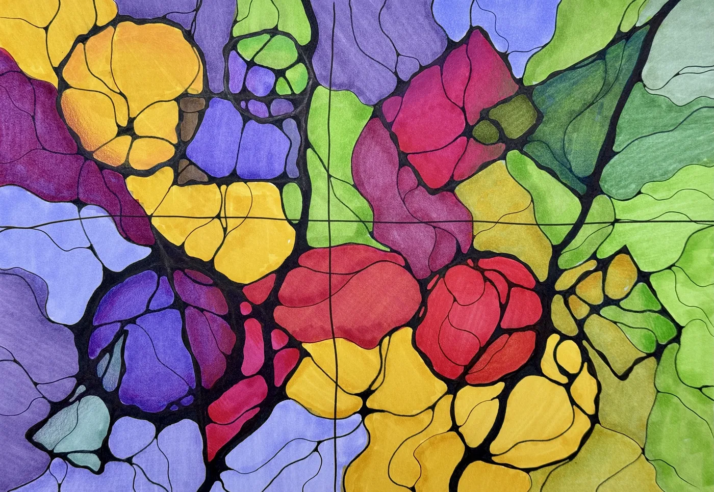 Stained-glass Neurographica drawing in purple, green, red and yellow