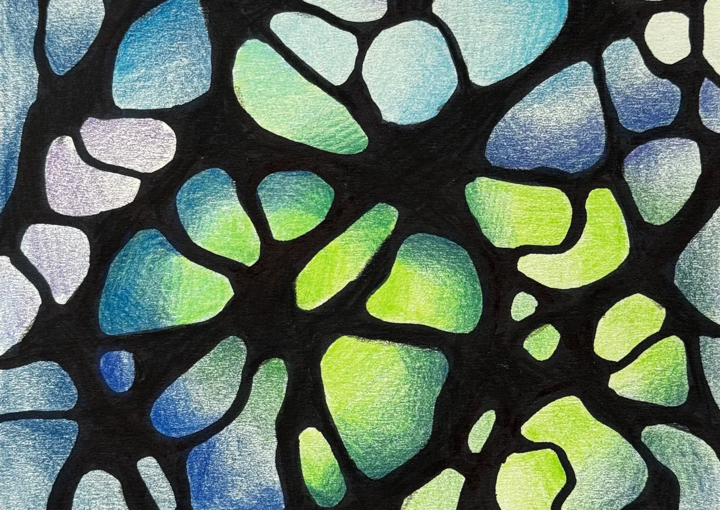 Neurographica cell pattern in blue, green and violet with bold black lines