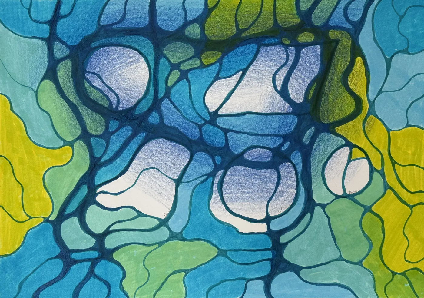 Neurographica drawing in ocean blues and greens with flowing lines