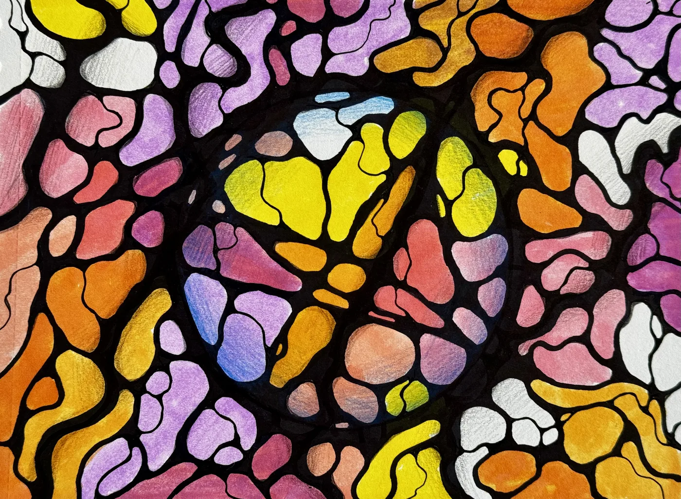 Warm cellular Neurographica drawing in orange, pink and lilac