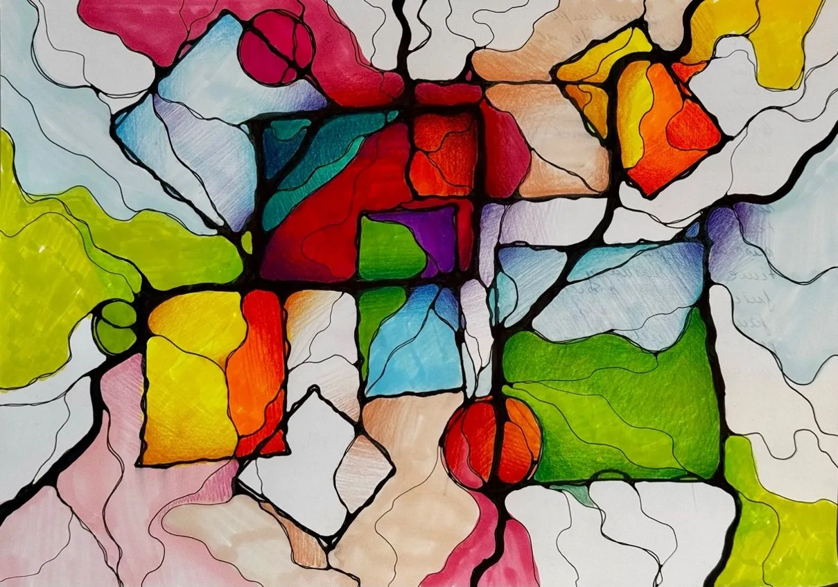 Dense colourful Neurographica mosaic with rounded crossings