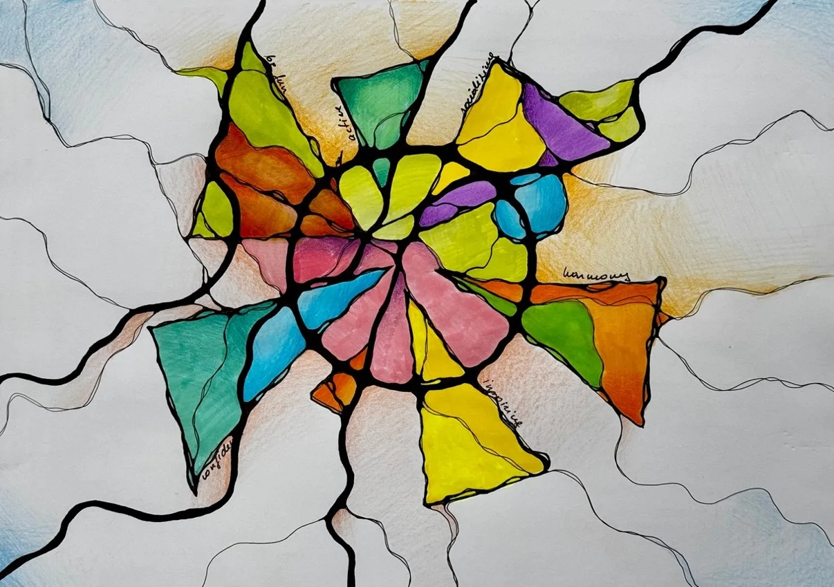 Neurographica lines radiating from a colourful rounded centre
