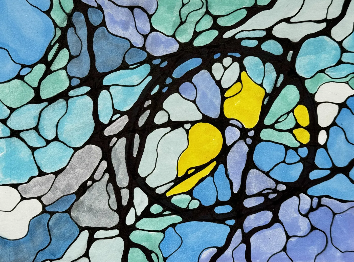Neurographica drawing in cool blues and greens with yellow accents