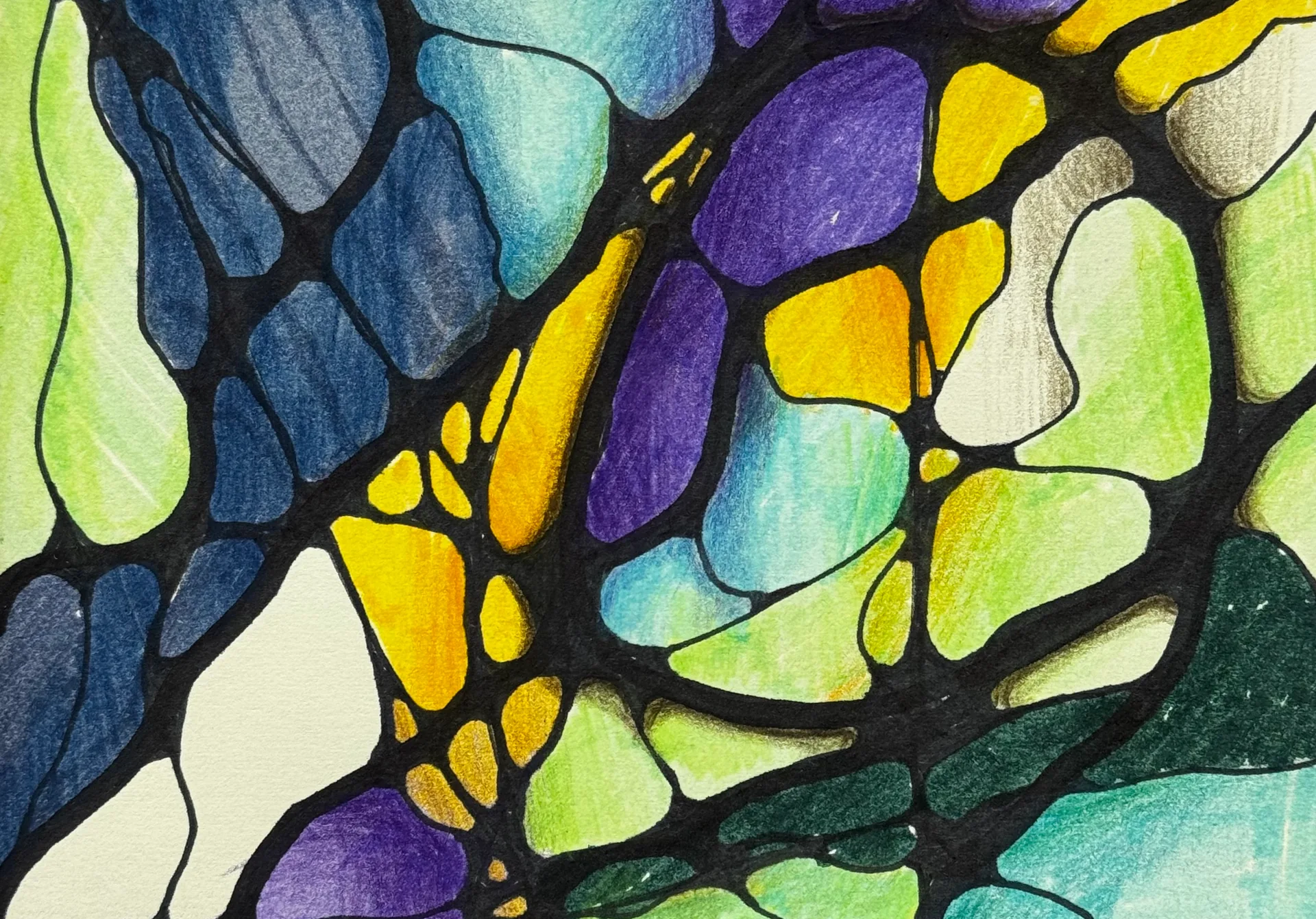 Neurographica drawing with flowing cells in blue, violet, green and yellow