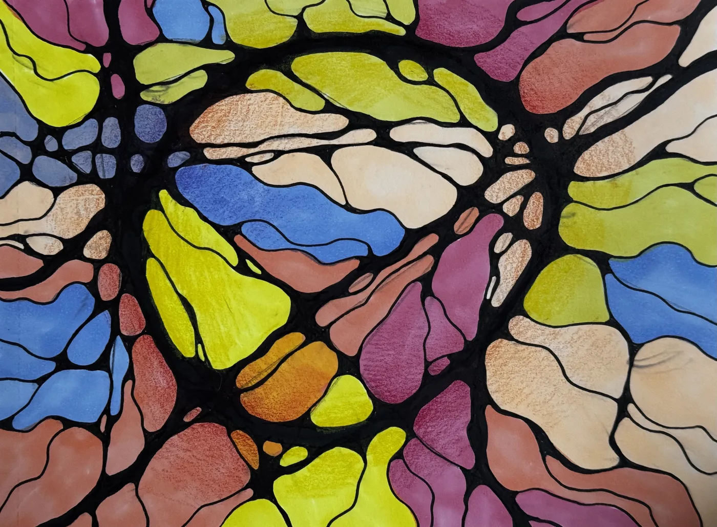 Warm Neurographica drawing with a large rounded circle in sand, blue and plum