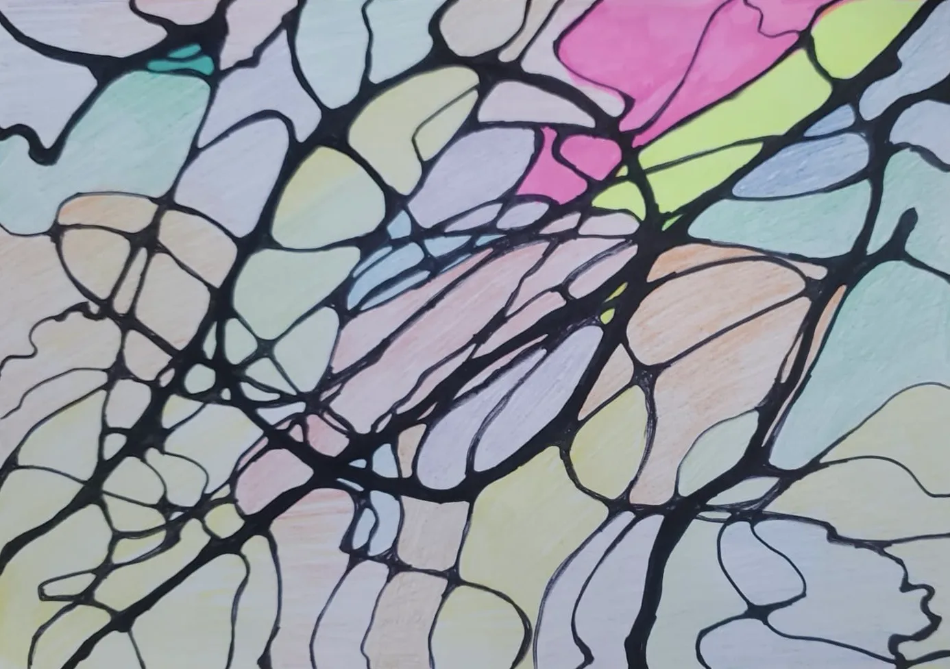 Beata’s Neurographica drawing: a web of black lines over soft pastel fields, with one bright pink and yellow corner